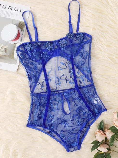 Floral Embroidery Mesh Teddy Bodysuit